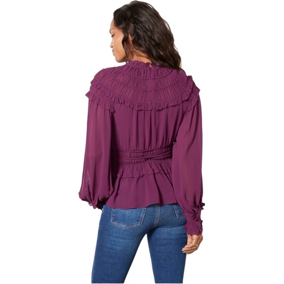 FARM RIO Ruffled Pleated Burgundy Purple Peplum Blouse Sheer Sleeve Top XS - Picture 3 of 9